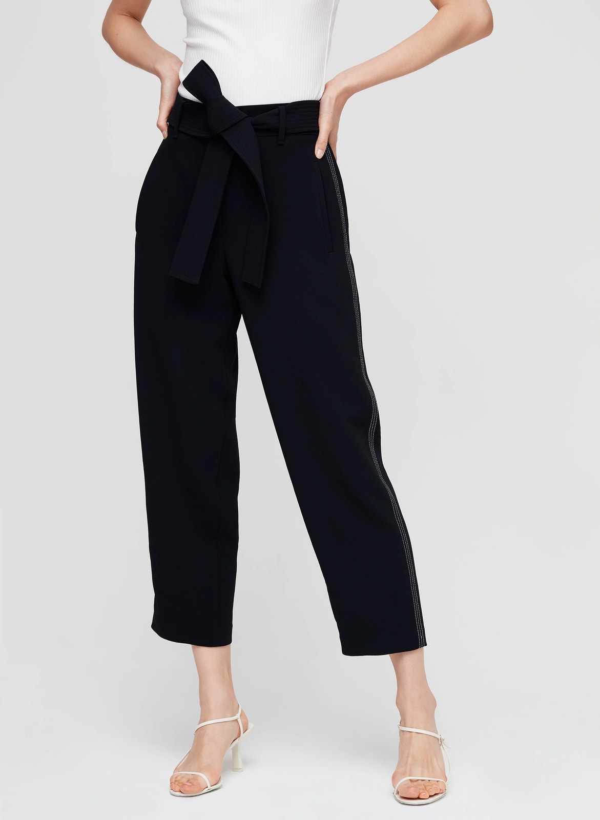 Wilfred Womens Tie Front Dress Pant 4 Black Striped High Waisted Straight Ankle